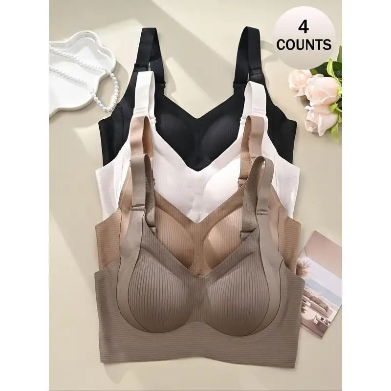 Women's 4 Piece Set Color Seamless Wireless Bra High Comfort Underwear Breathable Sweat Absorbent for Running And Jogging
