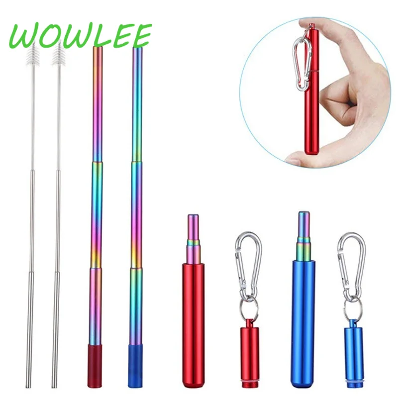 

Reusable Stainless Steel Straws with Aluminum Keychain Case Cleaning Brush Collapsible Telescopic Portable Drinking