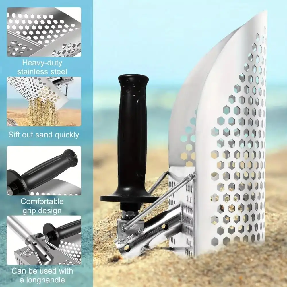 Rustproof Stainless Steel Beach Sand Scoop with Reinforced Handle-Heavy Duty Metal Detecting Shovel for Fast Sifting&Digging