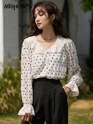 MISHOW Polka Dot Chiffon Tops 2023 Spring/Summer Peter Pan Collar Lace Petal Sleeve Female Single Breasted Blouses MXC14X0008