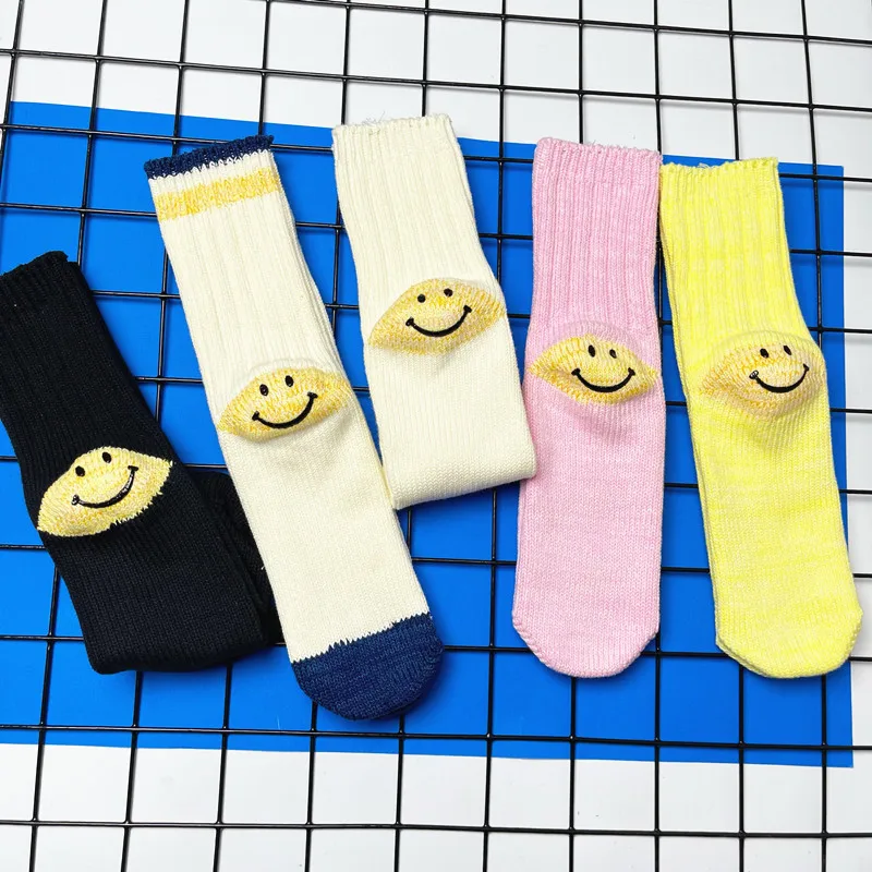 1Pair Japanese Style Breathable Color Smile Pattern Soft Middle Tube Stockings Cotton Socks For Girl Women\'s Fashion