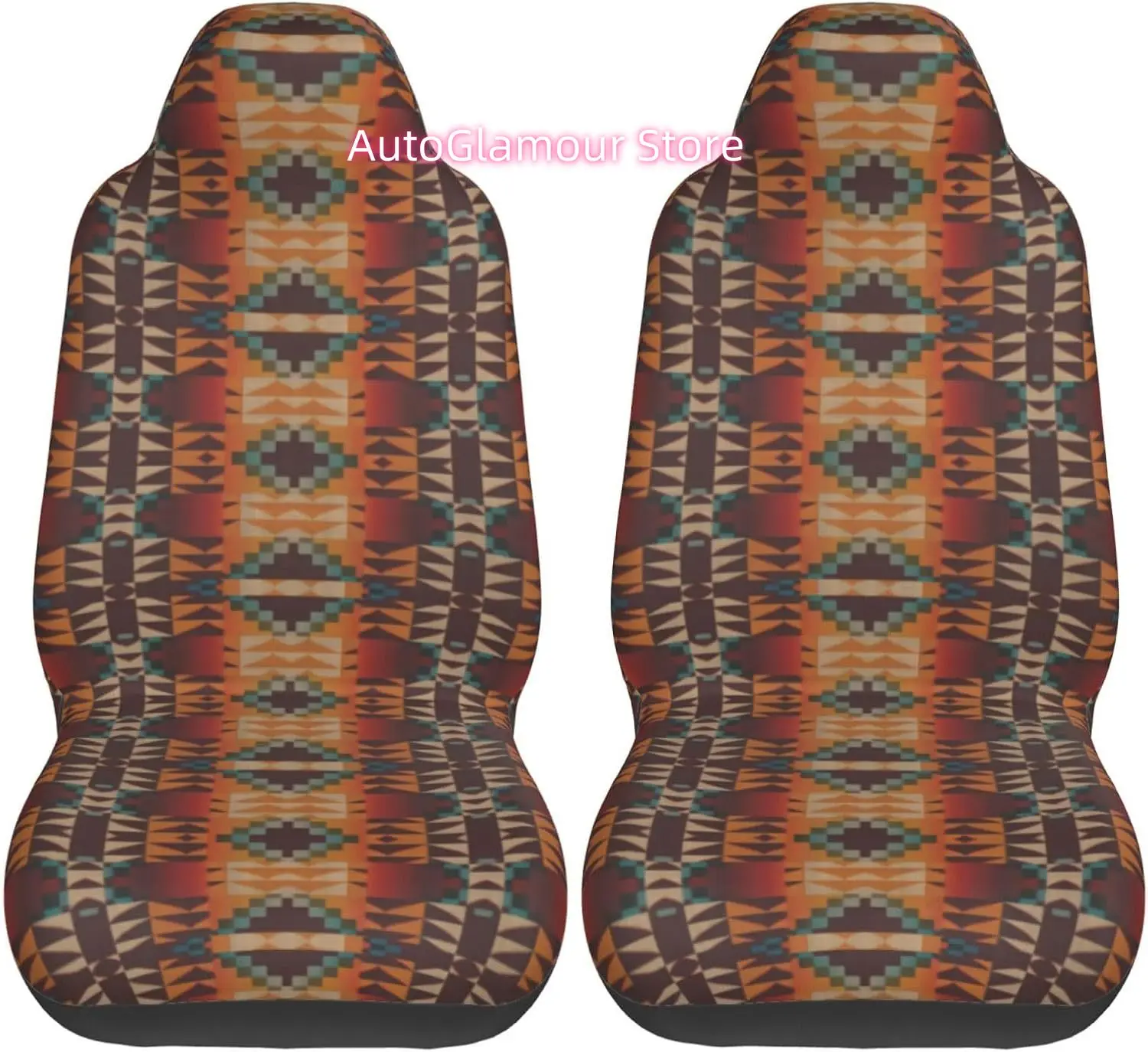 Teal Blue Red Brown Orange Tribal Art Pattern 2-Piece   Seat Cover Complete Set - Elastic Seat Protection Cover for