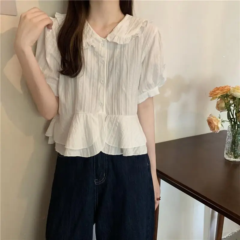 Shirts Women Puff Sleeve Peter Pan Collar Ruffles Vintage Korean Style Sweet Girlish Students Ulzzang Stylish Trendy Crop Tops