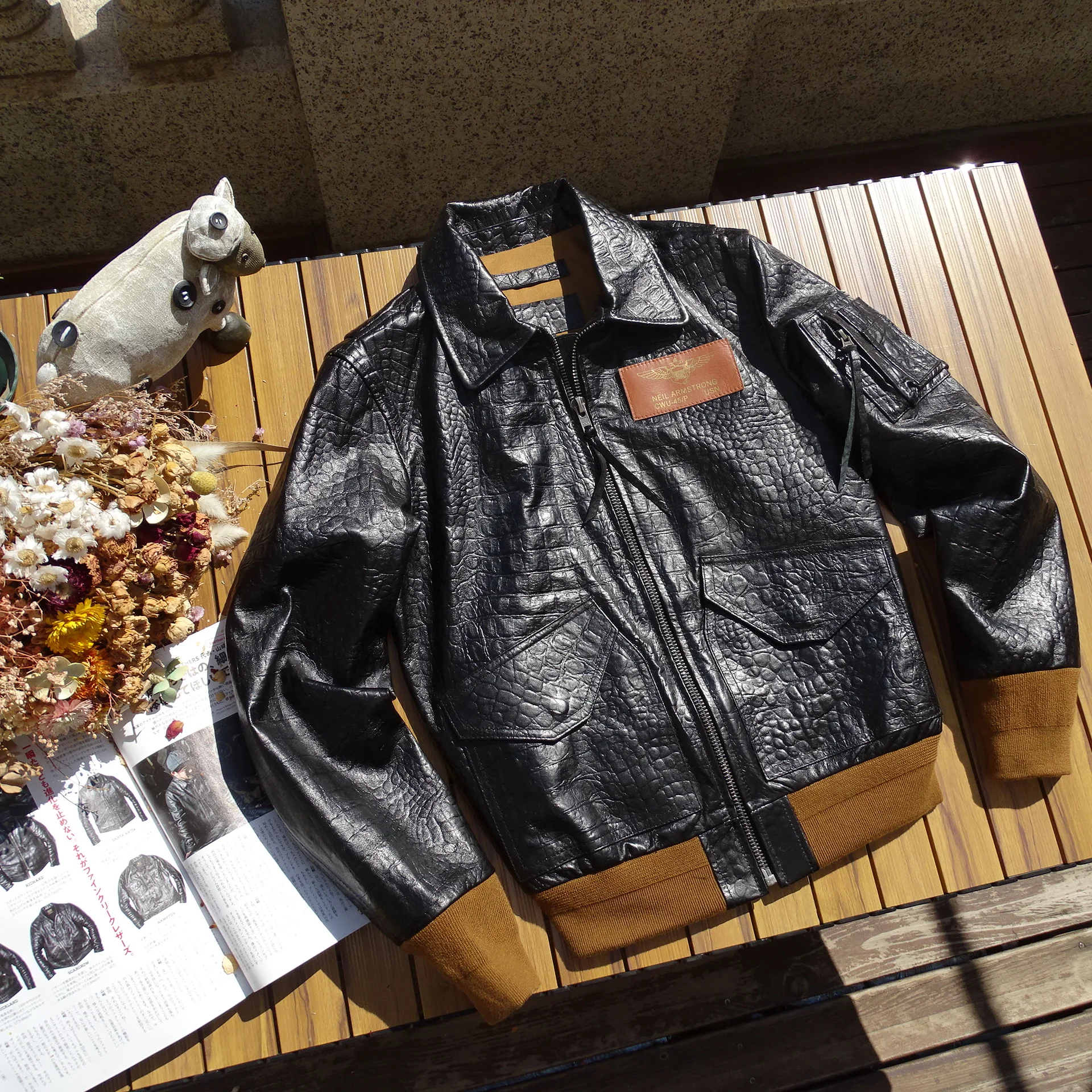 

Делменская итальянская кожаная куртка из овчины с крокодиловым узором, японская версия, 45P, полет ВВС, свободная посадка, повседневная кожаная...