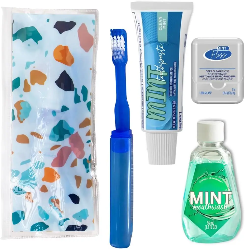 

Travel Dental Kit: Toothbrush, Toothpaste, Mouthwash & Floss in Reusable Pouch (TSA Approved)