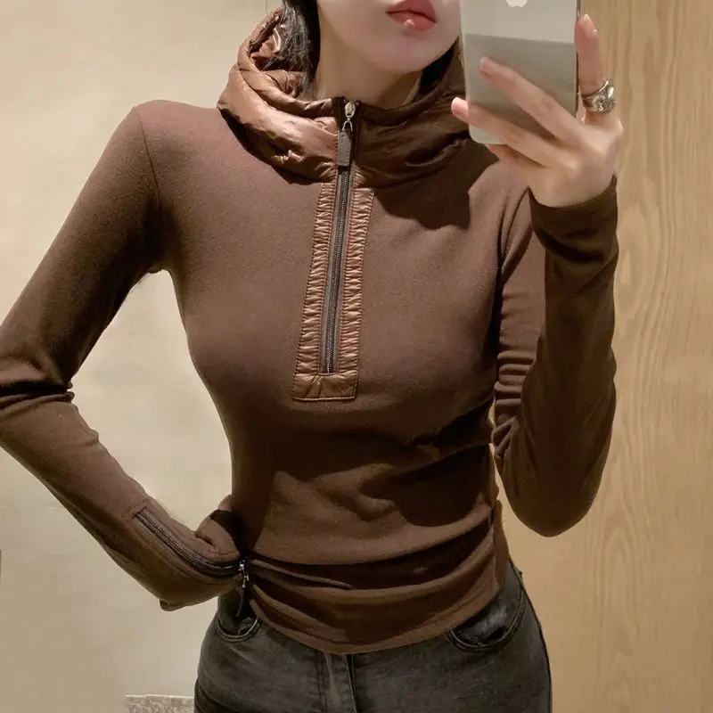 

Half Zipper Splicing Long Sleeved Hooded T-shirt for Women Autumn Winter Streetweaer Slim Pullover Top Fashion Women Clothing