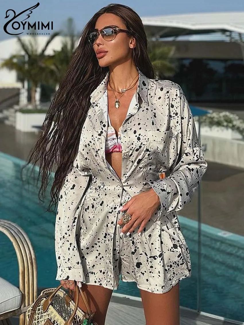 Oymimi Fashion Khaki Print Sets For Women 2 Pieces Elegant Lapel Long Sleeve Button Shirts And High Waist Slim Shorts Female Set