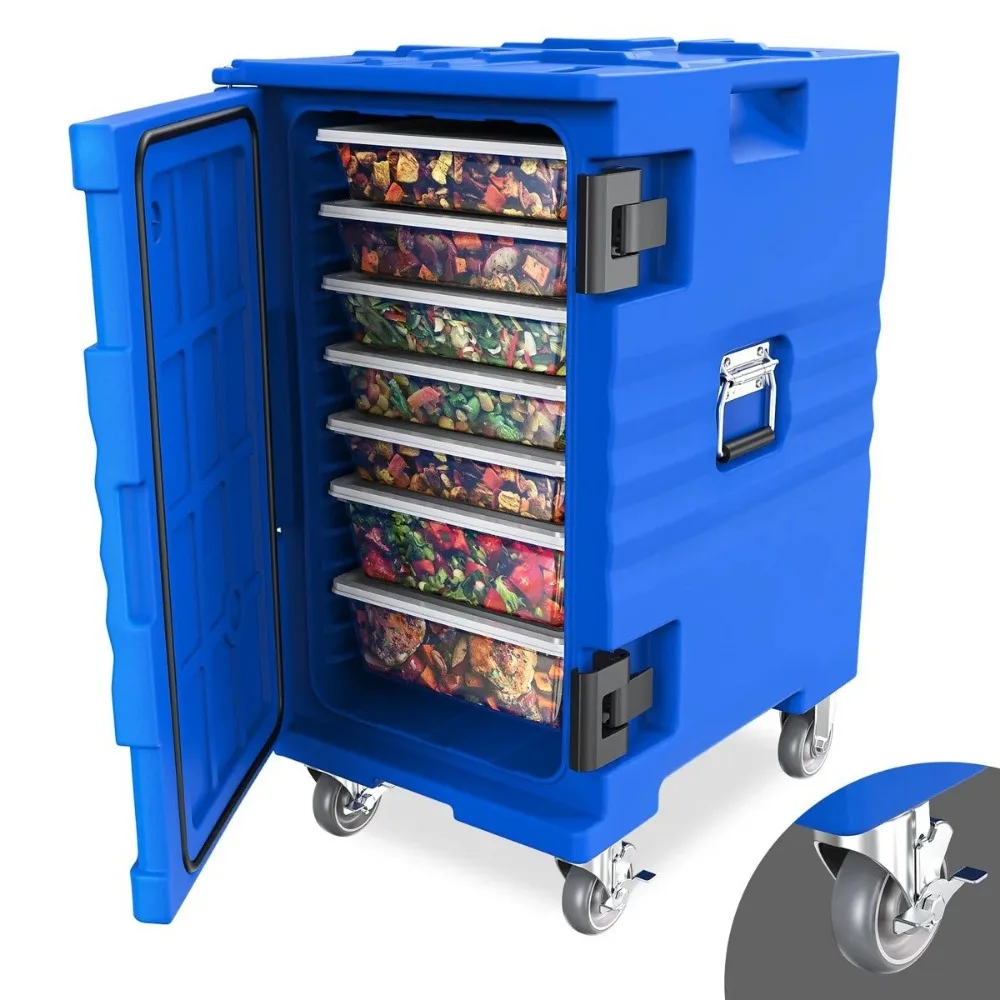 

Blue Insulated Food Box w/Menu Slot - 109 QT, 7 Pans, Lockable Wheels Portable