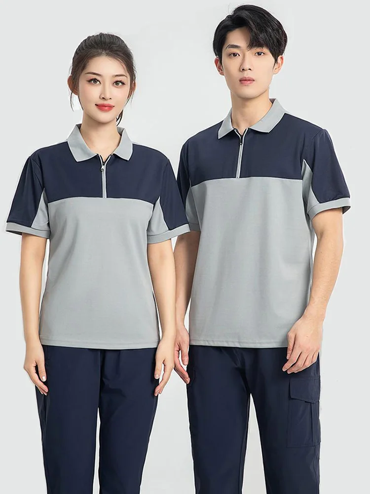 Staff Summer Quick Dry Fit Uniform Unisex Quarter Zip Polo Shirt Workers Officer Short Sleeve Two Contrast Colors Polo T-Shirt