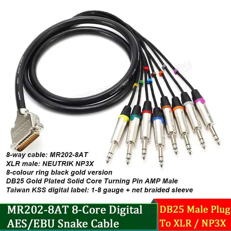 Cabo Digital Profissional AES/EBU de 8 Canais com Conectores DB25 e Neutrik para Estúdio/Som ao Vivo, 0,75-20m