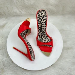 Keshangjia 12CM Pointed Toe High Heels Women 's Slippers Red Leather Sandals Summer Shoes Open Toe Catwalk Party Stiletto Shoes