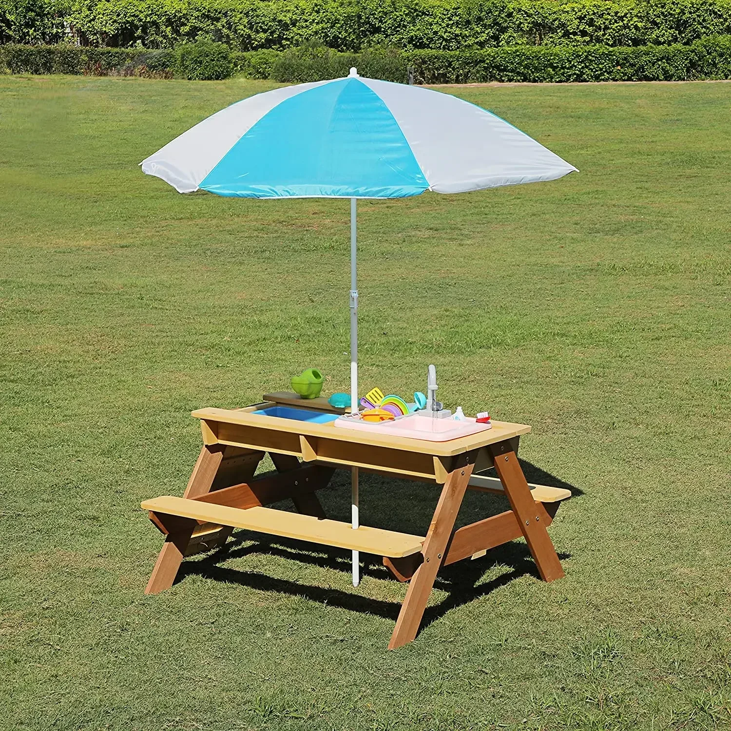 Kids Outdoor Picnic Table - # โต๊ะปิกนิกสําหรับเด็ก โต๊ะรับประทานอาหารลานกลางแจ้ง โต๊ะเล่นกิจกรรมไม้พร้อมชุดเล่นน้ําอ่างล้างจานและกระบะทราย