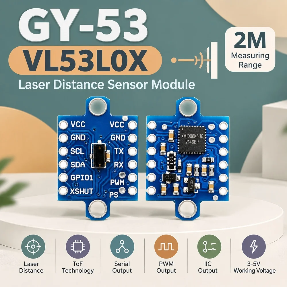 GY-53 VL53L0X Laser Distance Sensor Module ToF Flight Time 3-5V Serial PWM IIC Output 2M Measuring Range