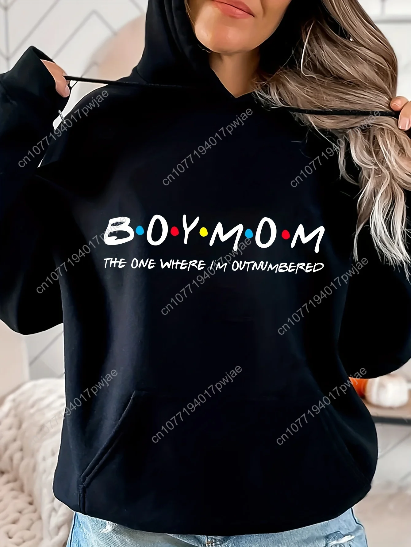 เสื้อฮู้ดพิมพ์ลาย Boy Mama, เสื้อฮู้ดแขนยาวมีเชือกผูกแบบลำลอง, เสื้อผ้าผู้หญิง