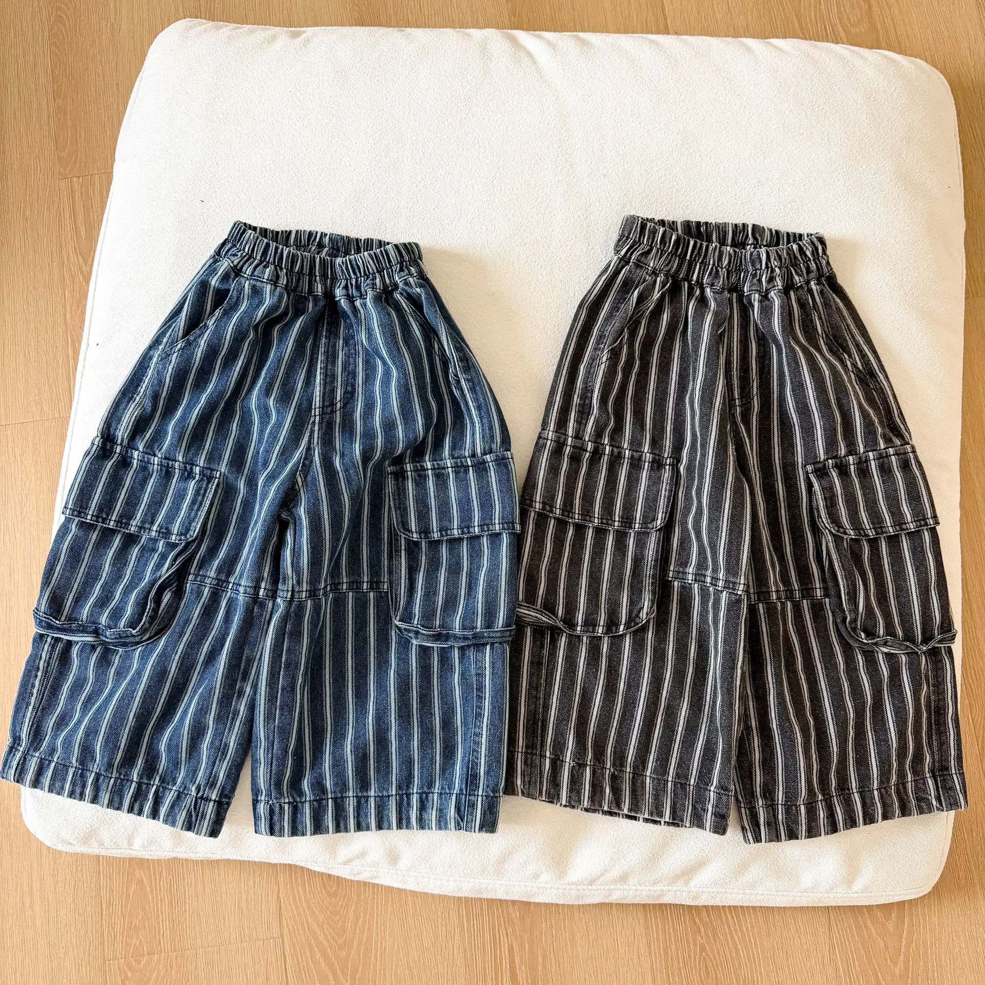 Autumn New Children Loose Denim Trousers Girls Fashion Striped Wide Leg Pants Boys Casual Cargo Pants Kids Clothes 4