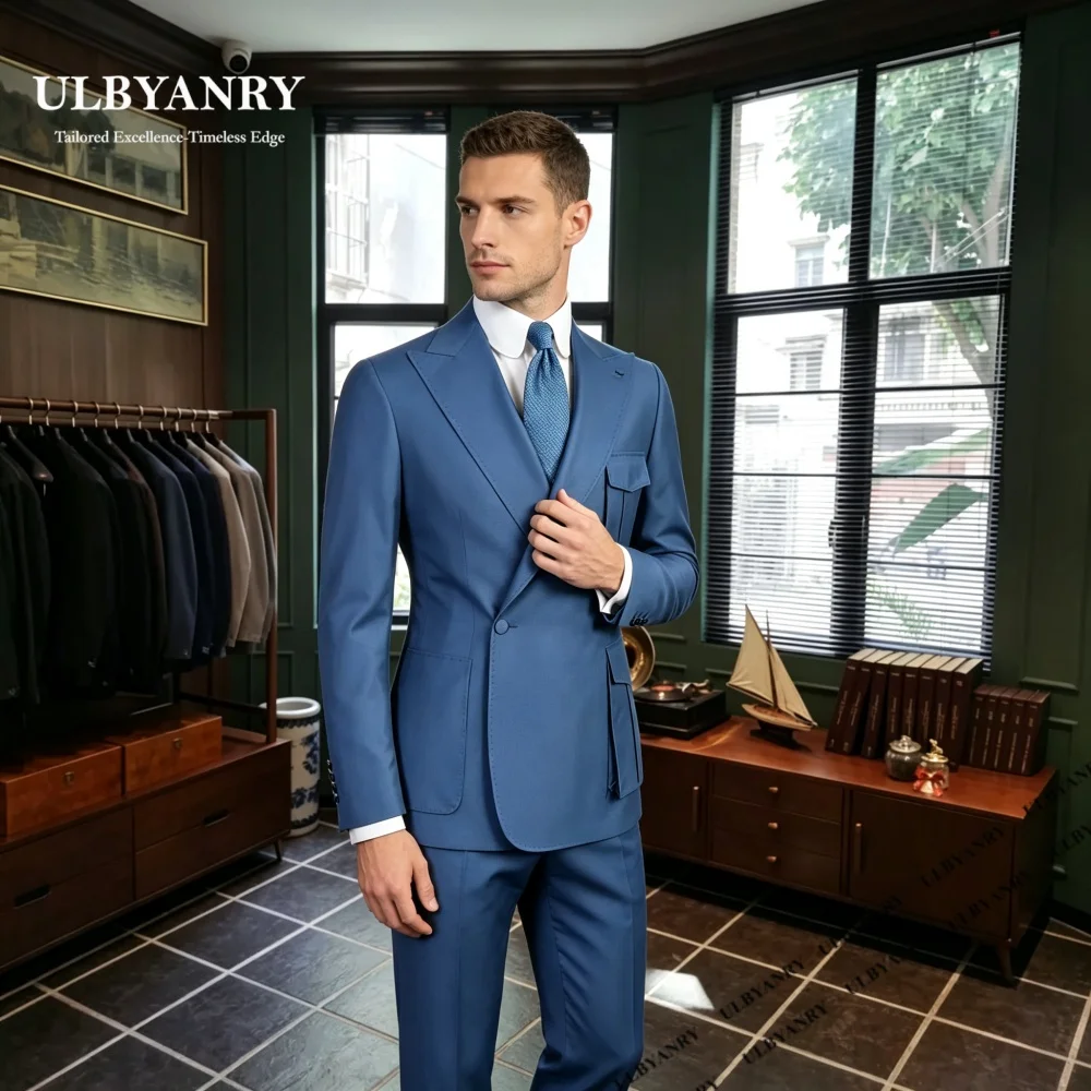 Formal Peak Lapel Pockets Suit Set for Men Trend Single Button 2-Pieces Suit (Jacket Pants) XXS-7XL Customized Blazer Trousers