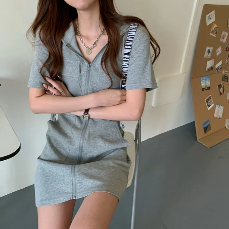 Solid Multi Pocket Hooded Mini Dresses Women 2024 Summer Slim Zip Up Dress High Street Fashion Casual All-Matching Clothes