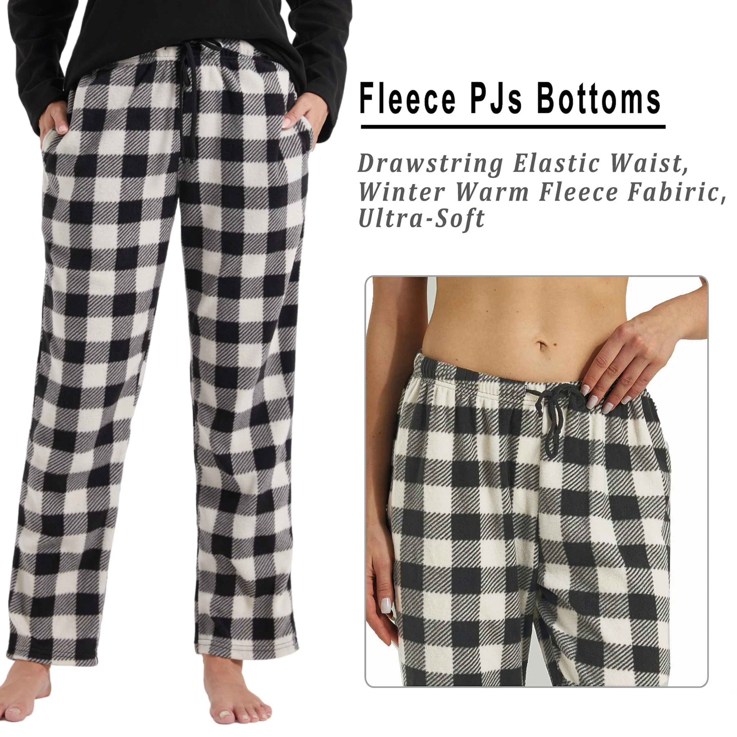 Womens Comy Fleece Plaid Pajama Pants with Pockets & Drawstring Lounge Sleepwear