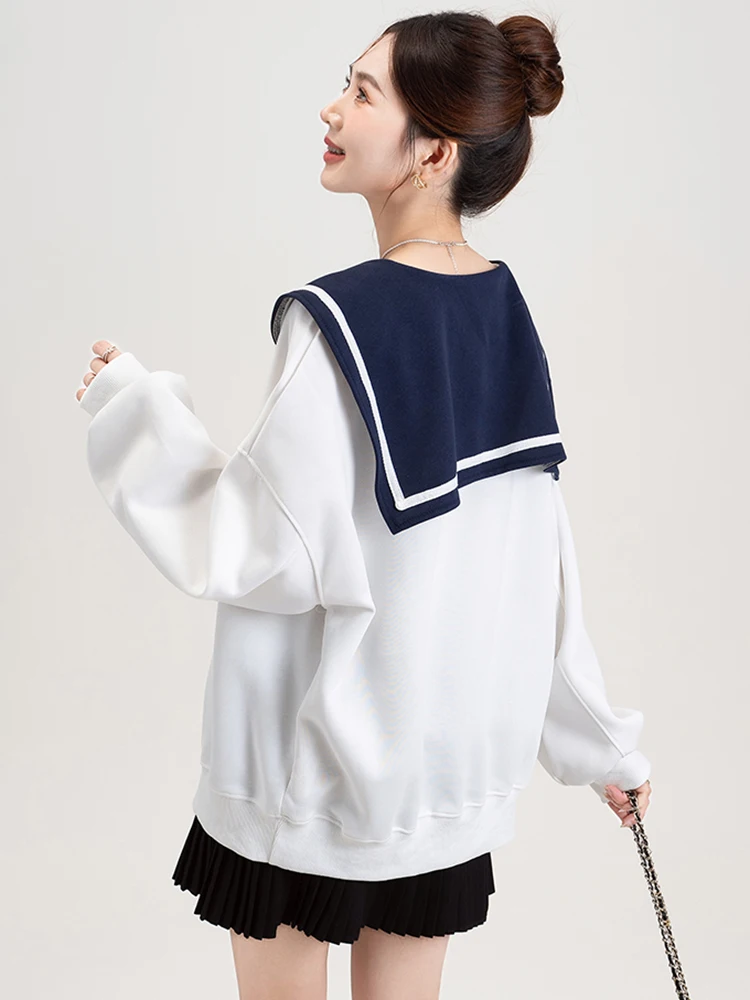 New Women Spring Autumn Preppy Style Sweatshirt Fashion Sailor Collar Drop-shoulder Oversize Pullover Casual Sweet Sweatshirt