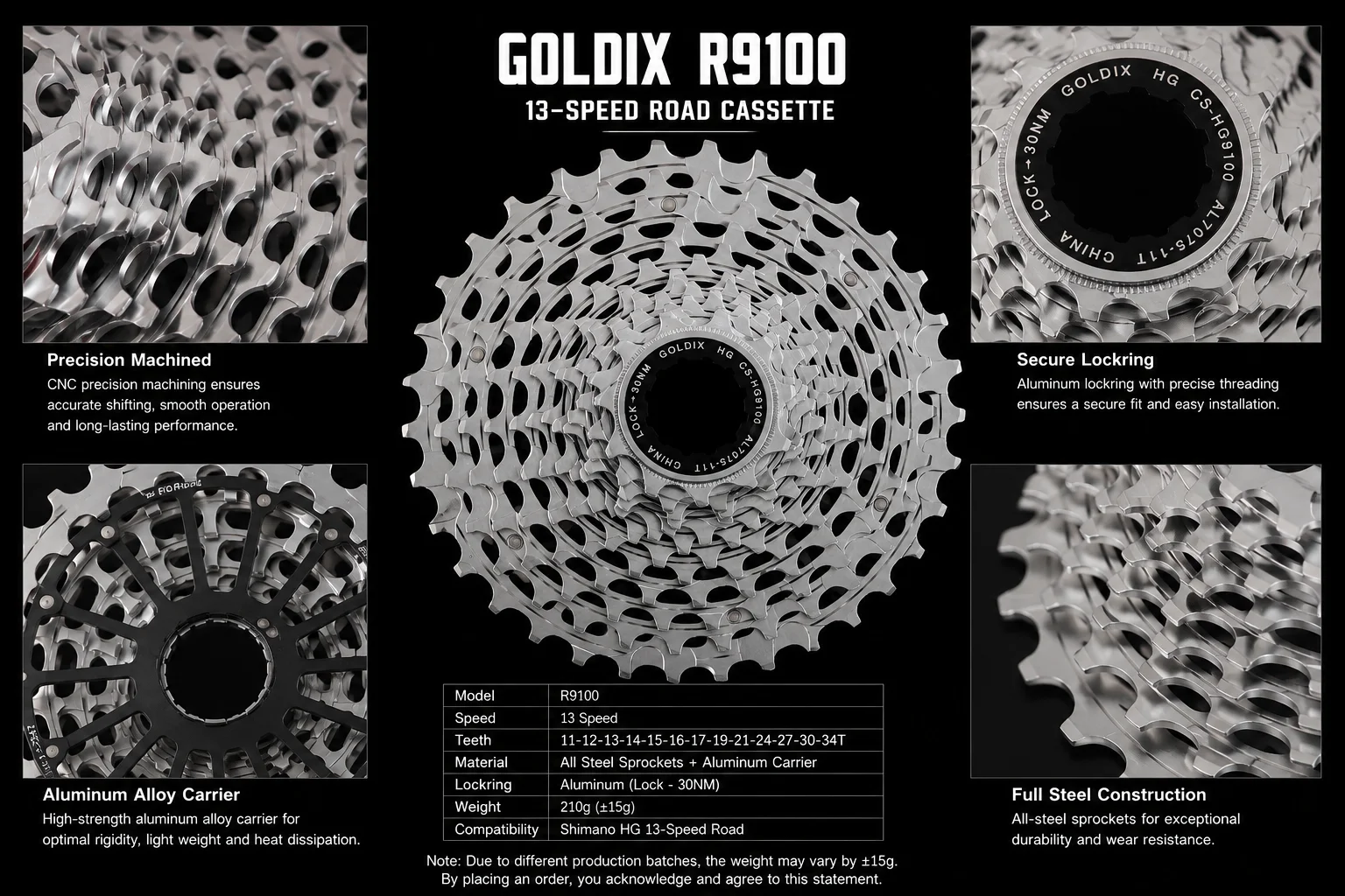 GOLDIX R9100 13-Gang Rennrad-Kassette 11-34T Ultraleicht 210g CNC Einteiliges Stahl-Schwingrad HG Freilauf für Rennrad und Gravel – Detail 7