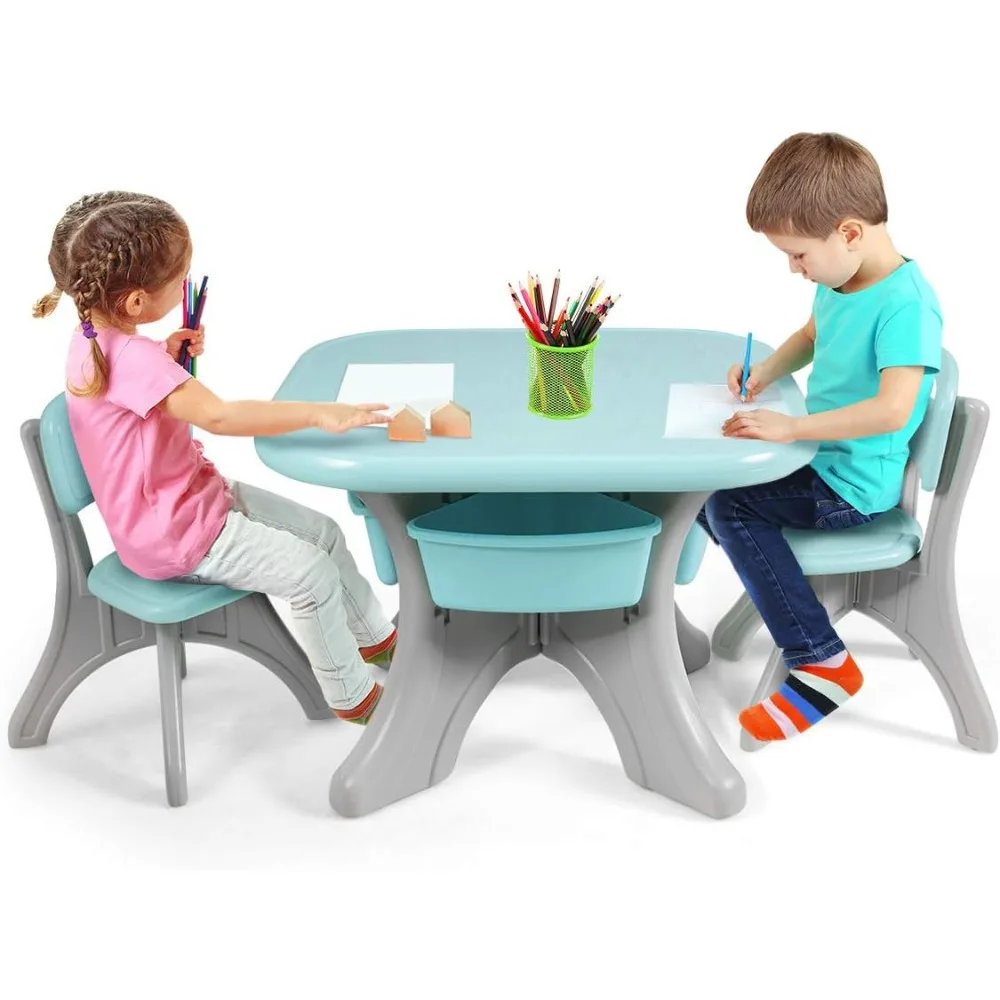 Kids Table and Chair Set, Plastic Children Activity Table and 2 Chair Set w/Storage Bins, 3 Piece Child Furniture Set