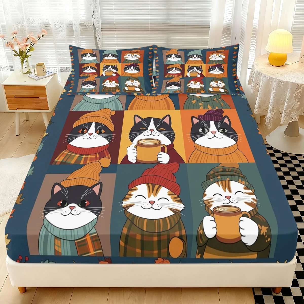 3PCS Winter Knitwear Cat Fitted Sheet, Fall Leaf Edge Color Block Grid Coffee Mug Holding Tabby Kitten Elastic Mattress Cover