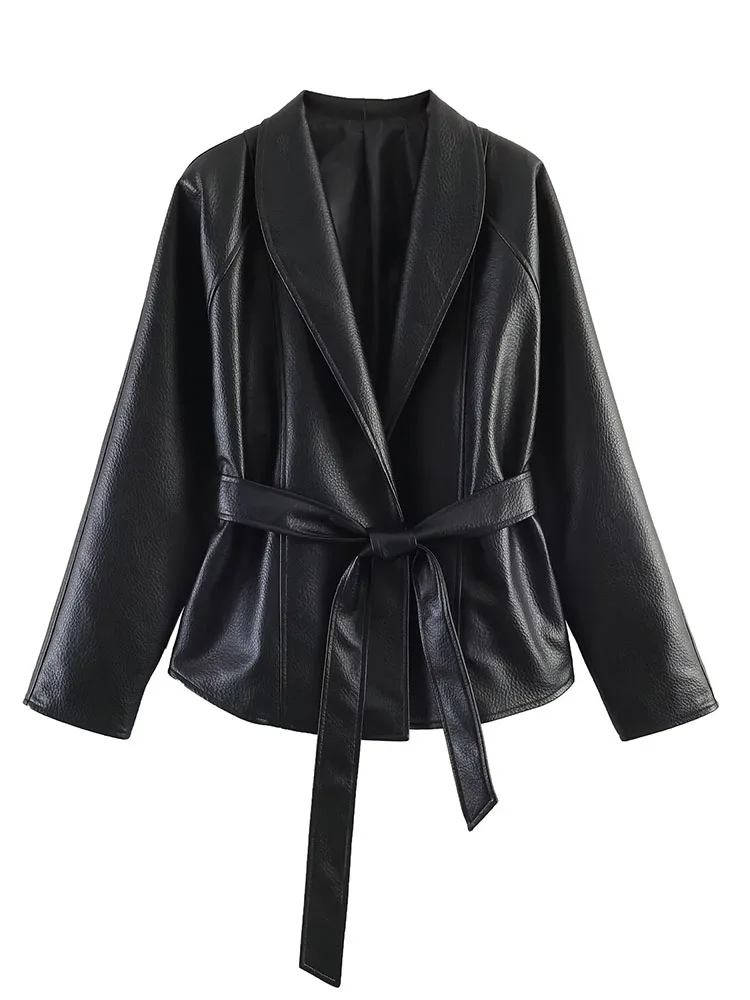 

HH Women Summer Spring Elegant New Arrival Black V Neck Wrap Leather Top Spring Belted Waist Long Sleeve Pocket Casual Outerwear