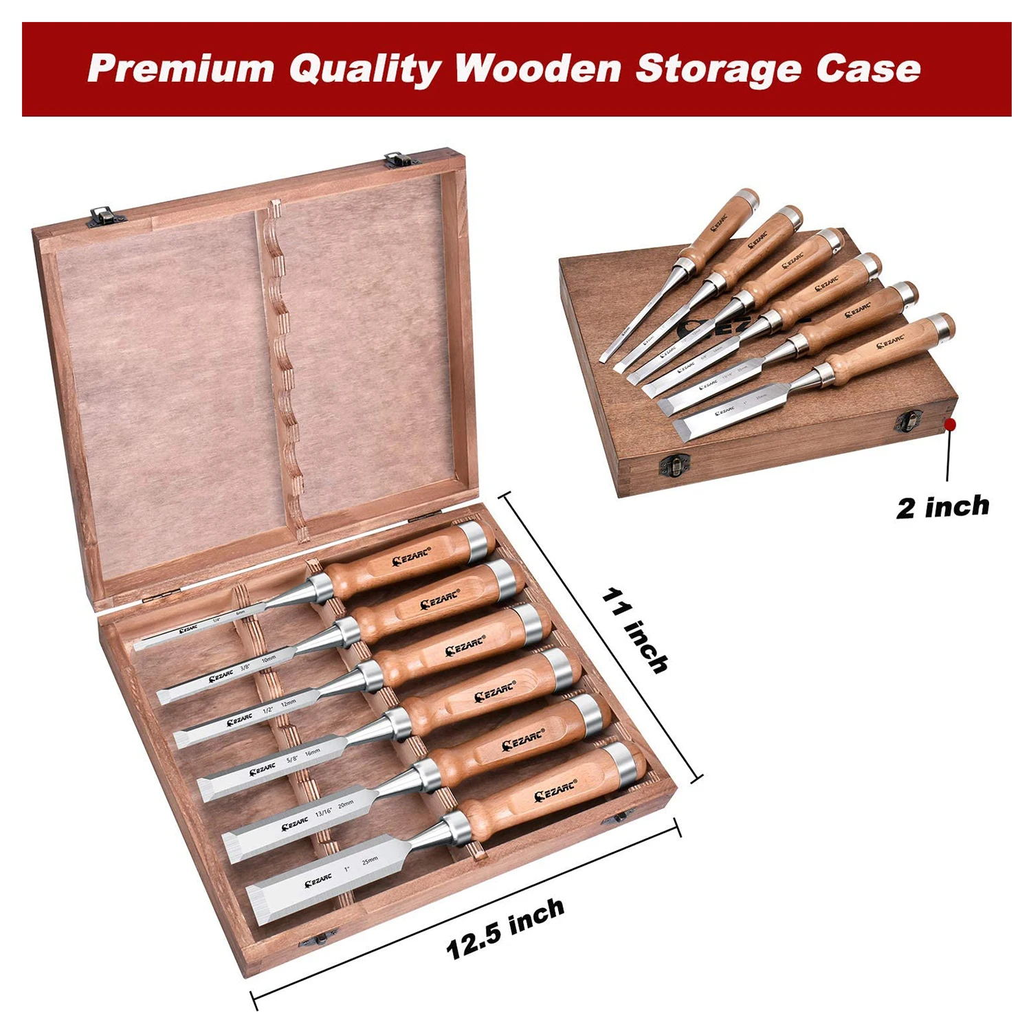 EZARC 6pcs Wood Chisel Set for Woodworking CRV Steel with Walnut Handle in Wooden Premium Box