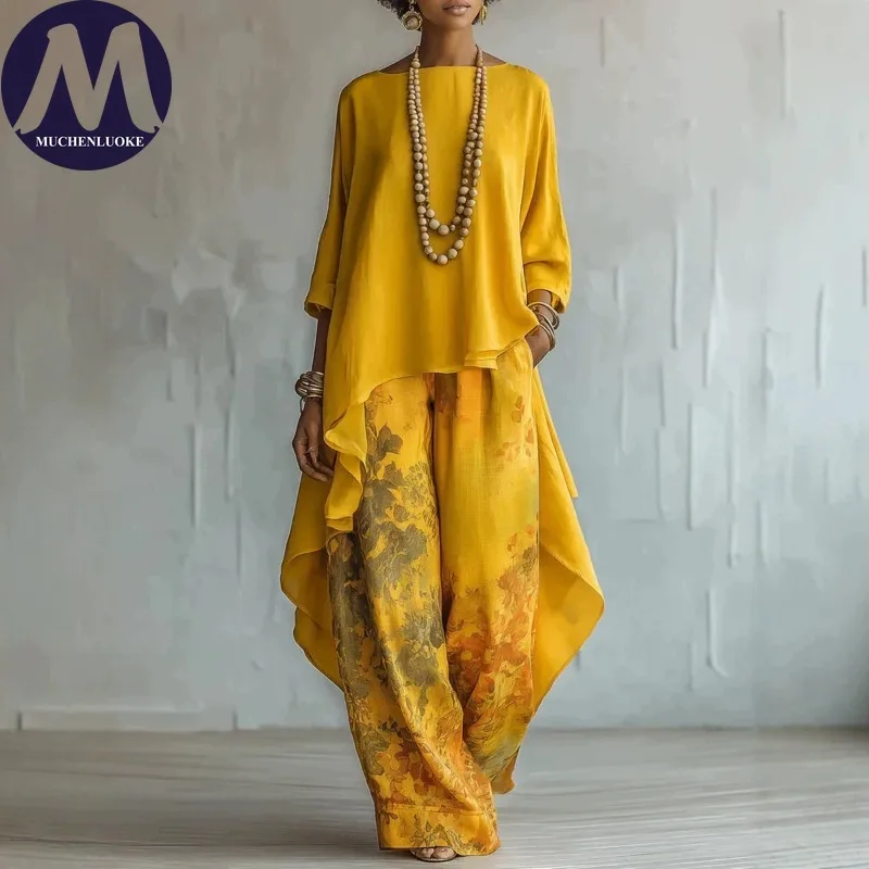Women's 2-Piece Set Loose Long Sleeves Irregular Top Casual Printed Wide Leg Pants Fashionable Spring Autumn Outfit