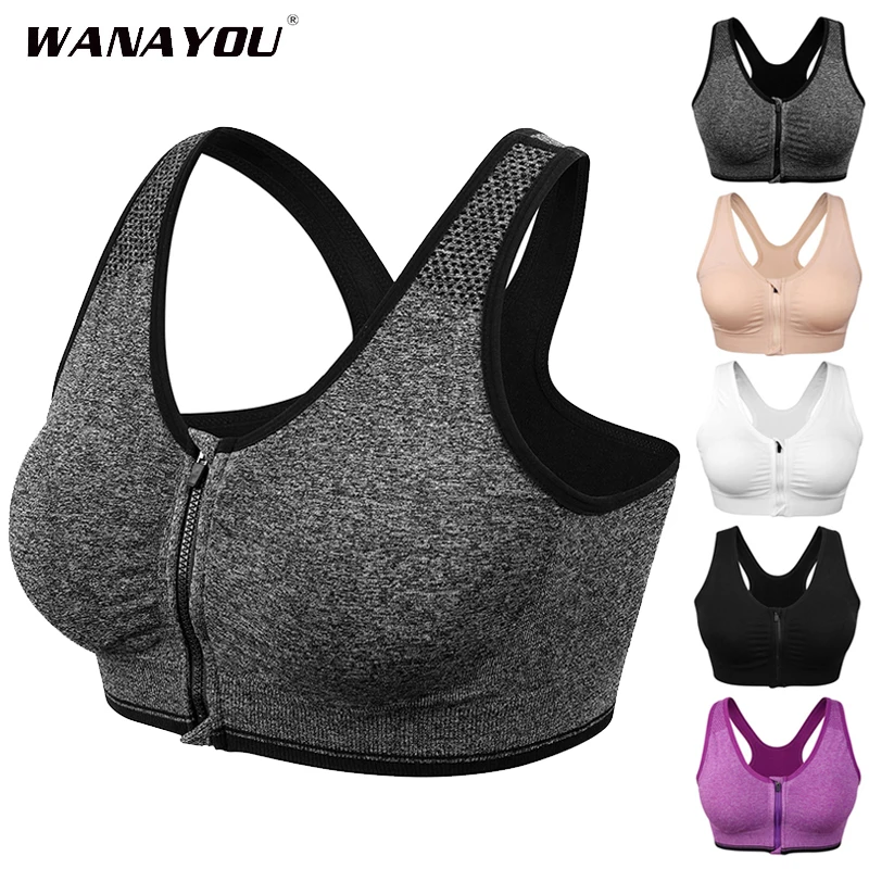 WANAYOU Front Zipper Underwear Push Up Sport Bras Women Padded Wirefree Shockproof Gym Fitness Bras Yoga Vest Sport Workout Tops