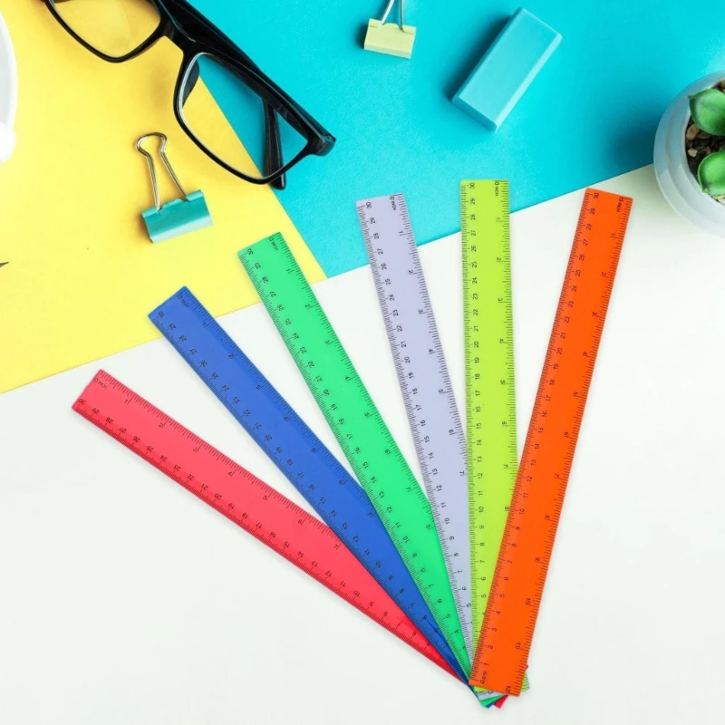 6Pcs 12Inch Clear Rulers, Colorful Drawing Ruler with Inches and Centimeters Scale, Measuring Tool for Student Teacher