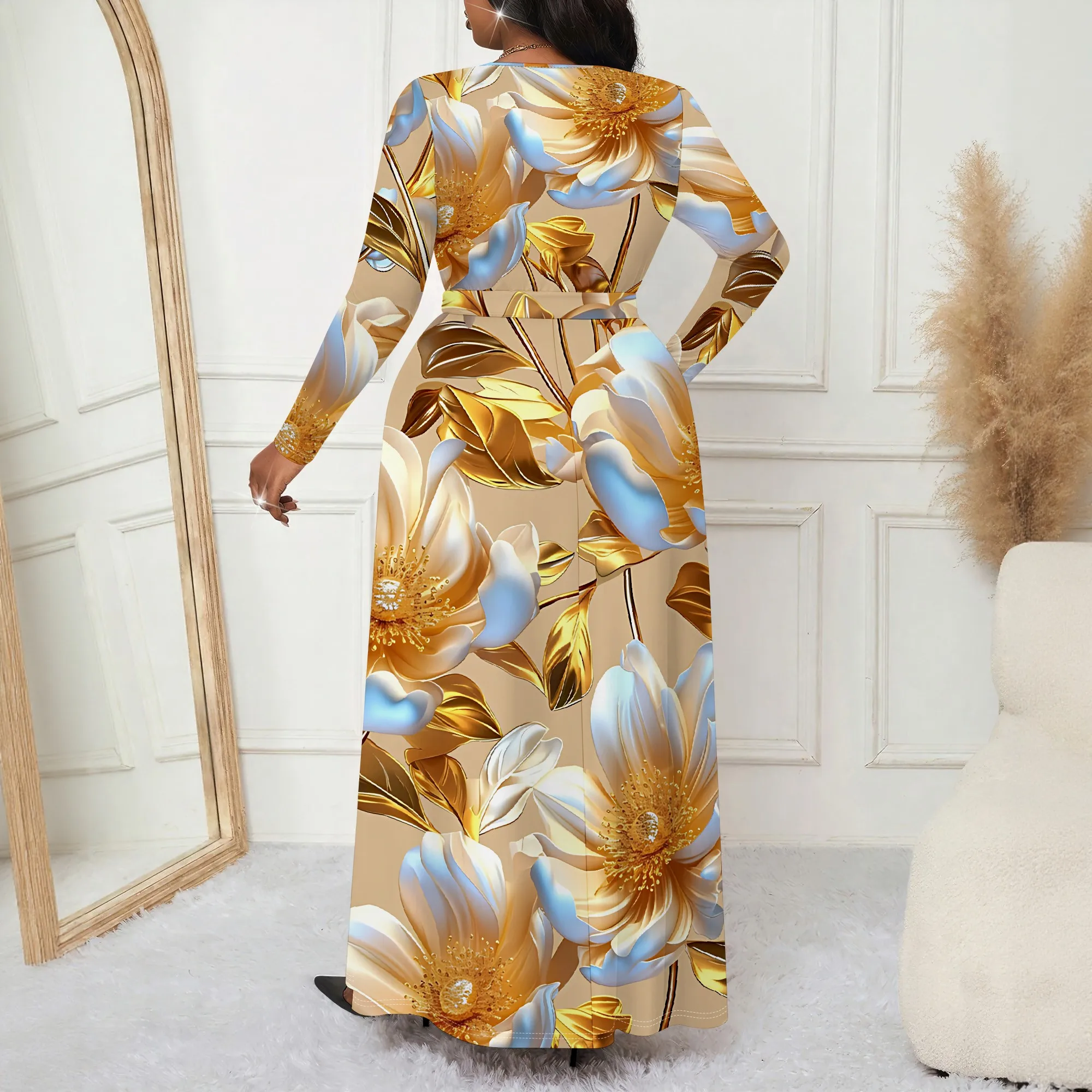 Gaun Wanita Ukuran Besar Lengan Panjang dengan Ikat Pinggang, Gaun Saku Modis Cetak 3D