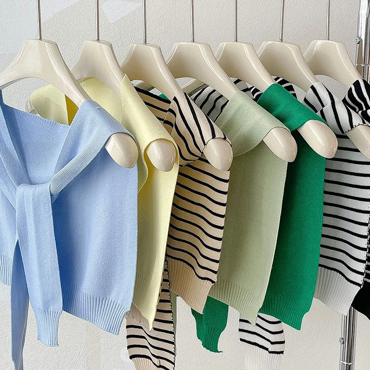 Striped Knitted Shoulder Wrap Student Style Fake Collar Bow Tie Knitwear Outer Neck Protection Small Shawl Spring Summer