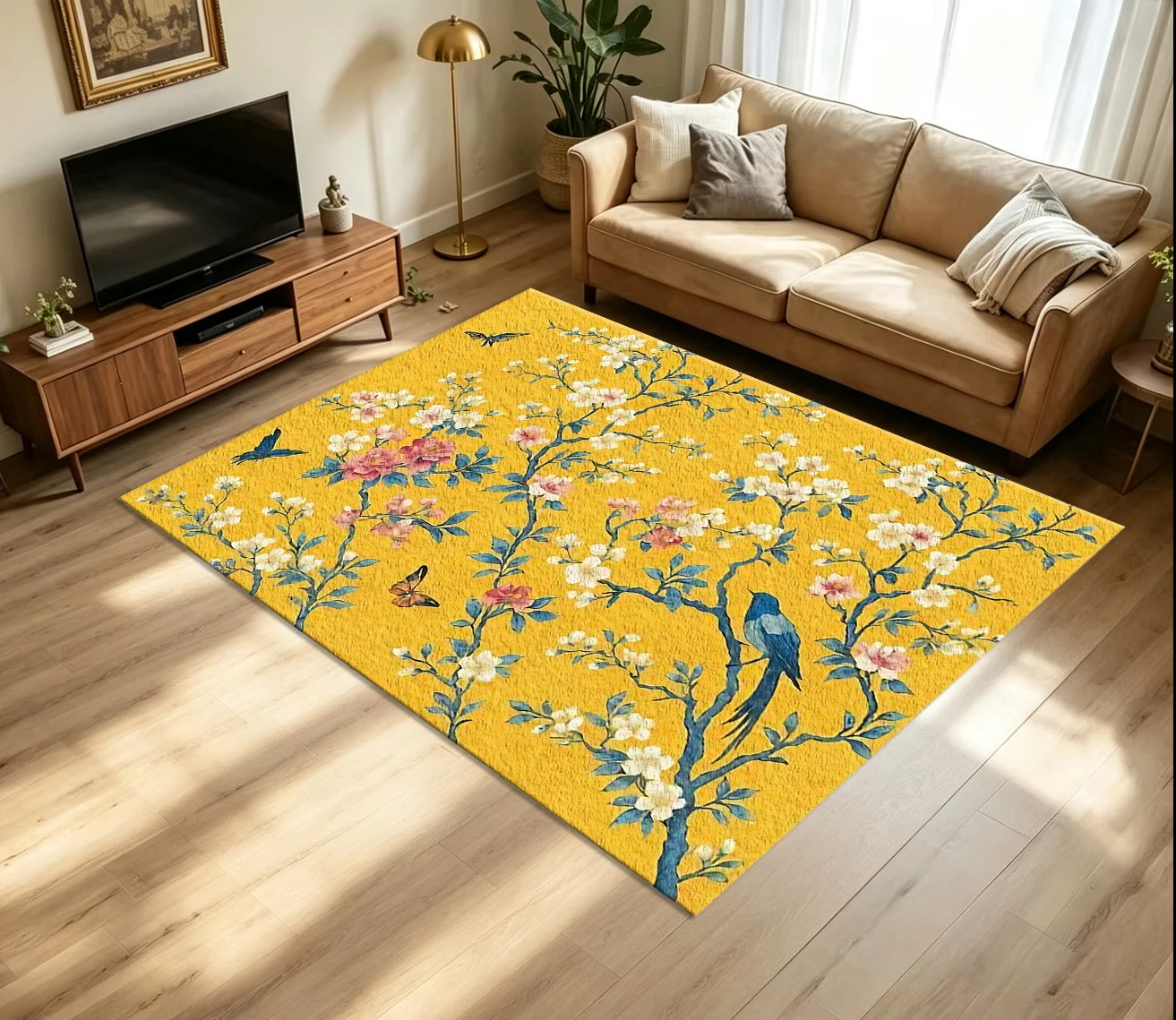 Bright Yellow Chinese-Style Floral and Bird-Patterned Carpet, Non-Slip and Washable Living Room Carpet, Oriental Retro Home Decor