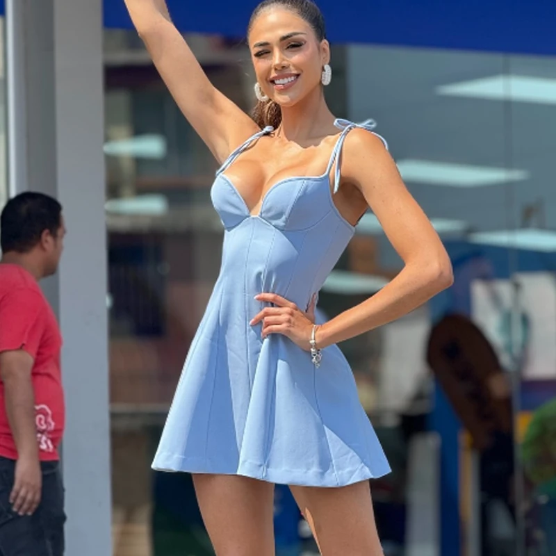 Damenkleid Blau Ärmellos Rückenfrei Minikleid Mit Schleifen Verstellbare Dünne Träger 2026 Sommer Neu Reißverschluss Mode Damen Vestidos
