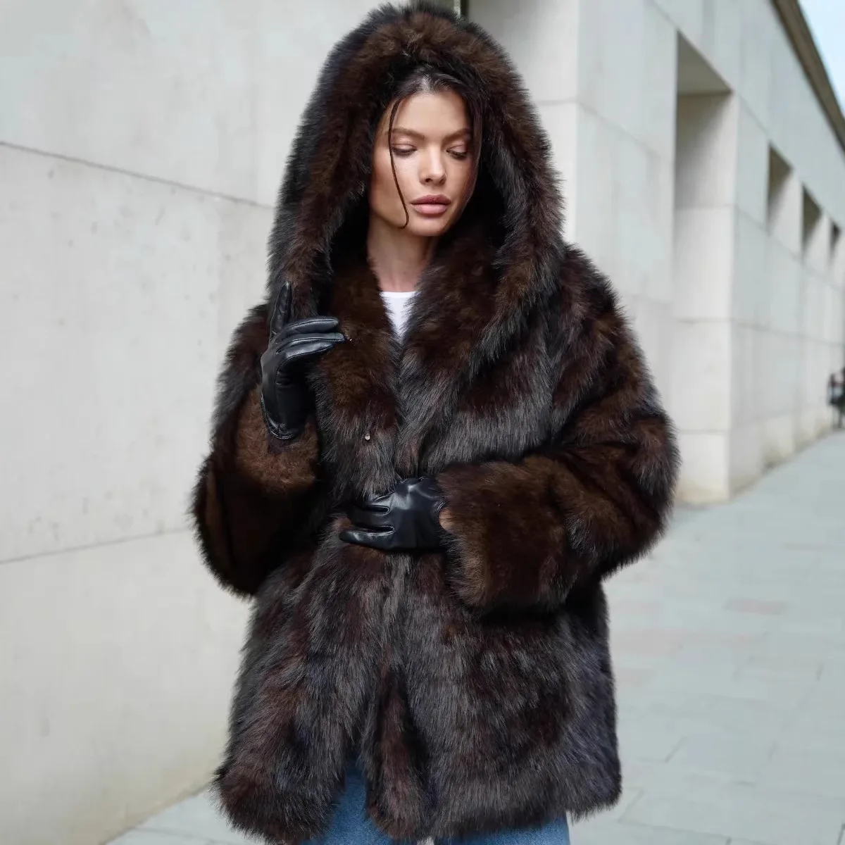 2026 Winter Elegant Luxury Chic Thick Warm Soft Faux Fox Fur Coat Women With Hood High Quality Fluffy Jacket Oversized