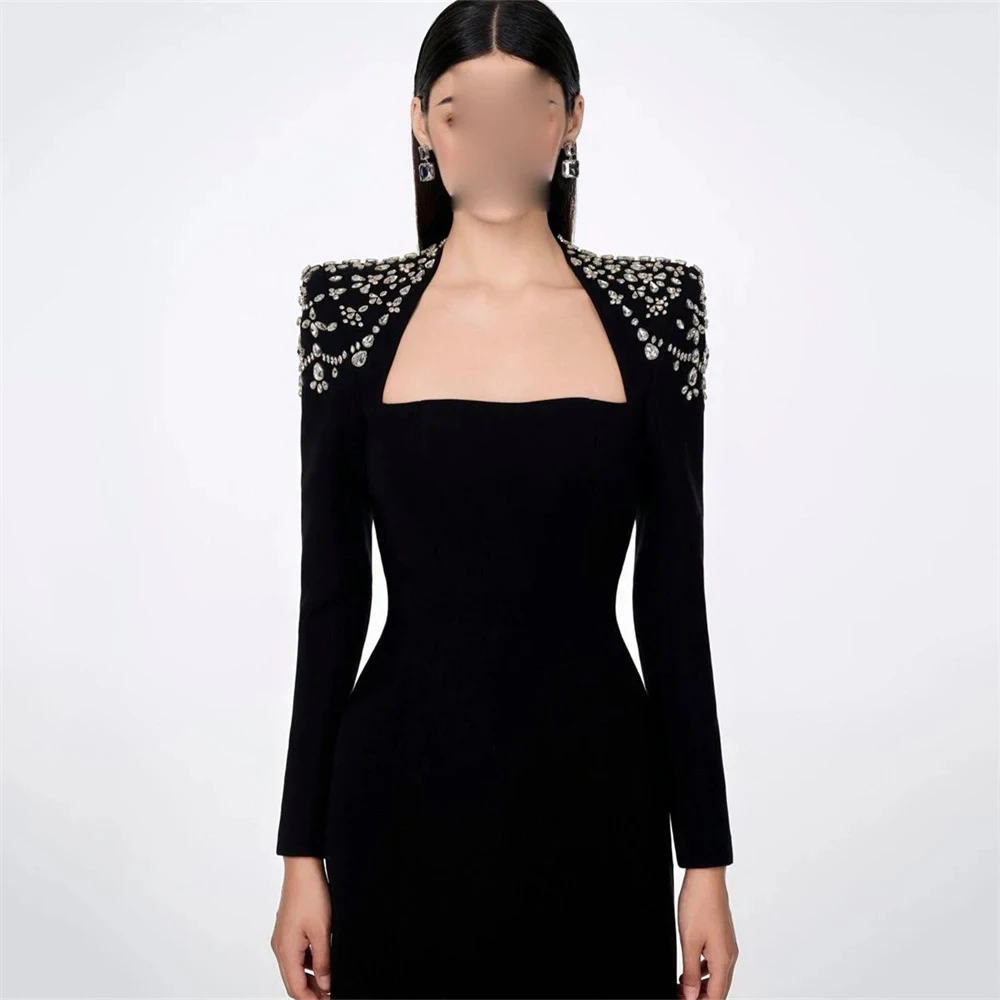 Customized Fashion Elegant Black Jersey Evening Dresses Beading Square Collar Straigth Floor Length Formal Party Prom Gowns