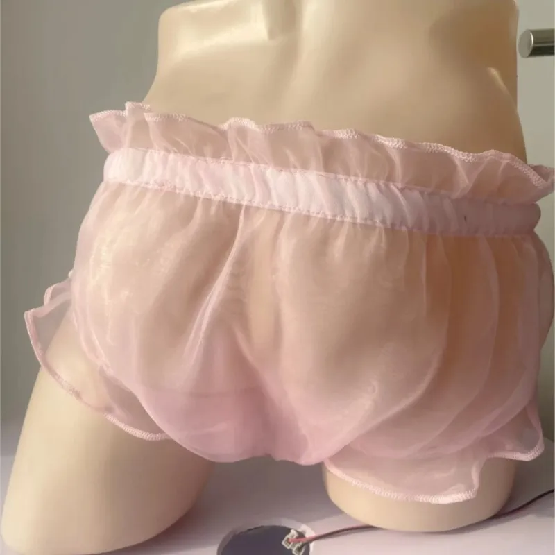 Organza Sheer Men Panties Pink Sexy Glossy Ruffled Breathable Lingerie Sissy Roleplay Live Show Dance Erotic Costume BF