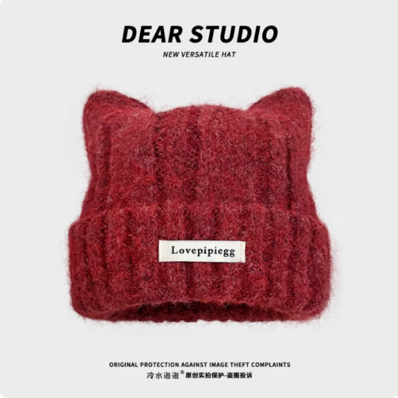 Japanese Sweet and Cute Cat Ear Knitted Hat Women Winter Big Head