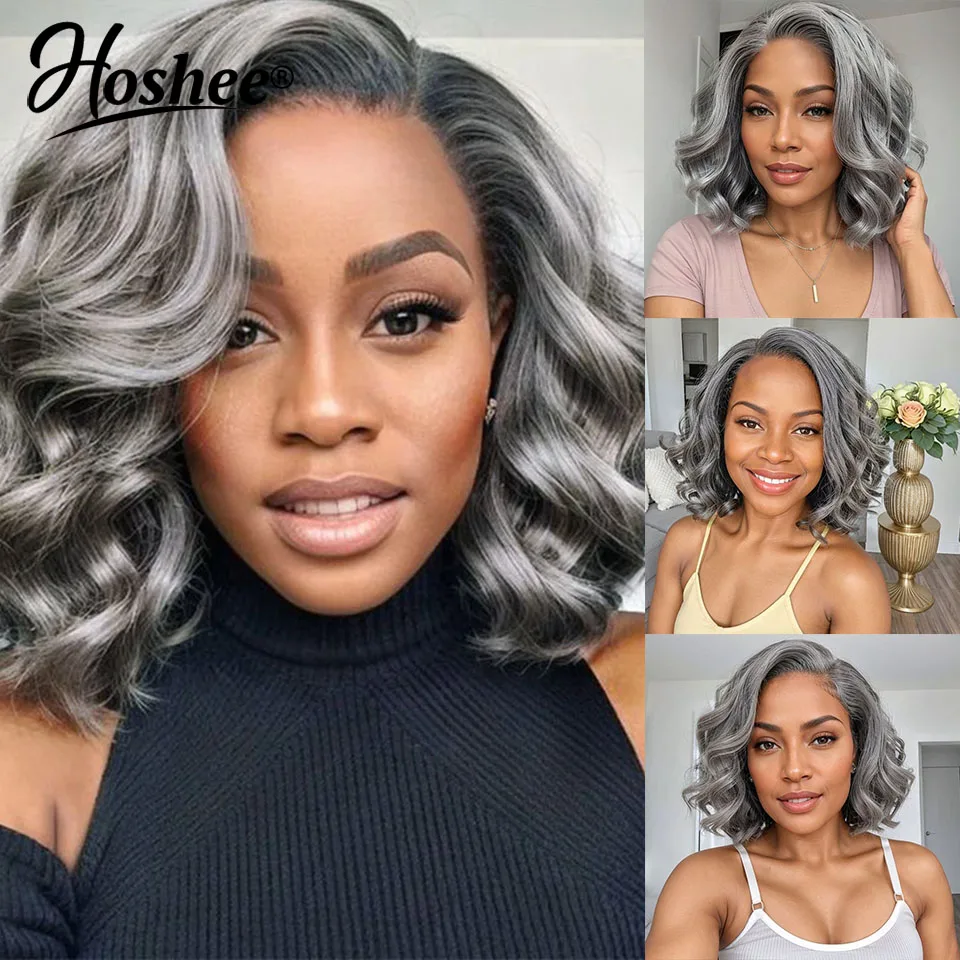 Dark Grey Color Wigs Human Hair Wavy Short Pixie Cut Bob Wigs Transparent HD Lace Frontal Wig For Women Lace Closure Wig On Sale