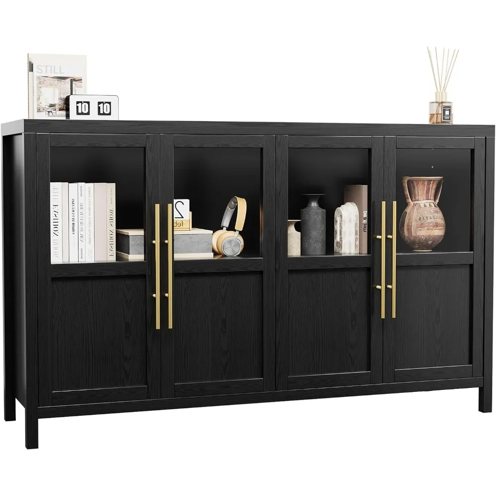 Sideboard-Buffetschrank mit 4 Glastüren, 55 Zoll großer Buffetschrank mit Stauraum, moderner Bauernhaus-Aufbewahrungsschrank