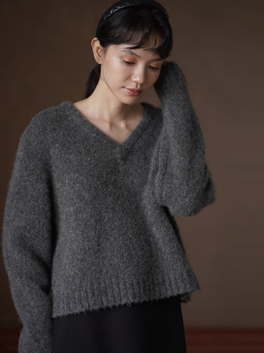 

Hacikis Miss Soft Fluffy Mixed Flower ey Mohair Wool Blend Loose oulder Drop V-Ne Long Sve Knitted Sweater Women