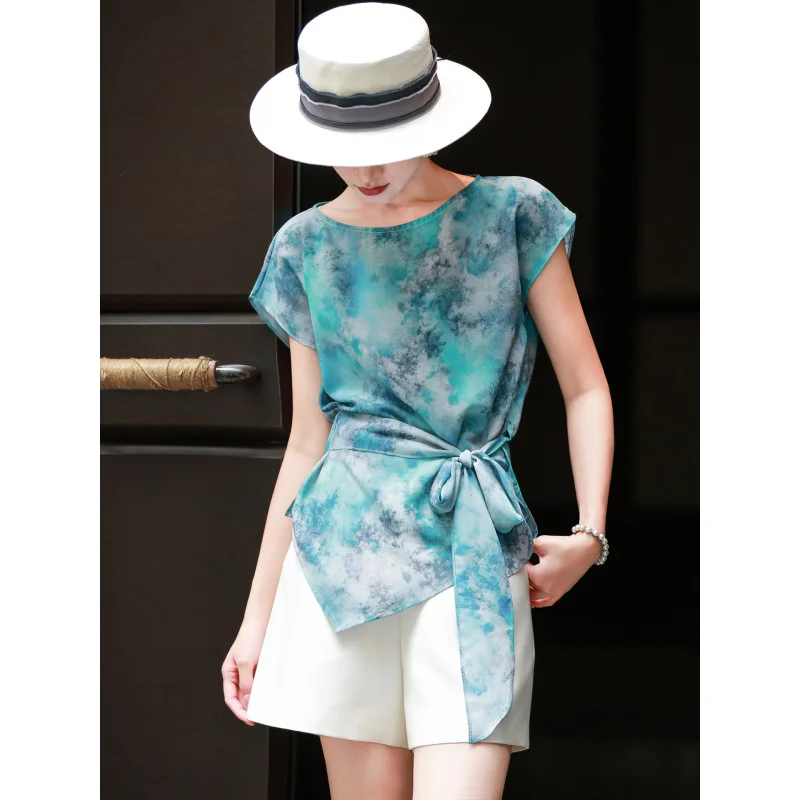 MEXCOCO 2026 New Summer French Crew Neck Cap Sleeve Self Tie Waist Watercolor Print Irregular Hem Casual Blouse Top
