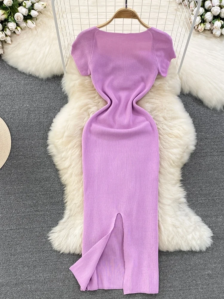 Coreano Sle Summer Knitted Dr Colletto quadrato ow Clavicola Dimagrante di media lunghezza Ba Split Wrap around Body a vita alta