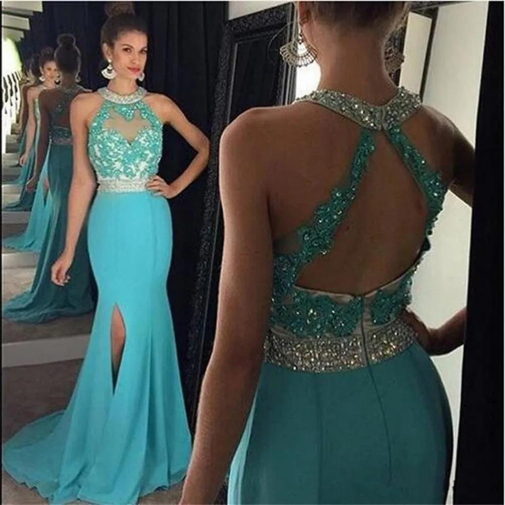 Turquoise Robe De Soiree Zeemeermin Halter Chiffon Kant Kralen Rugloze Sexy Lange Prom Jurken Prom Jurk Avondjurken