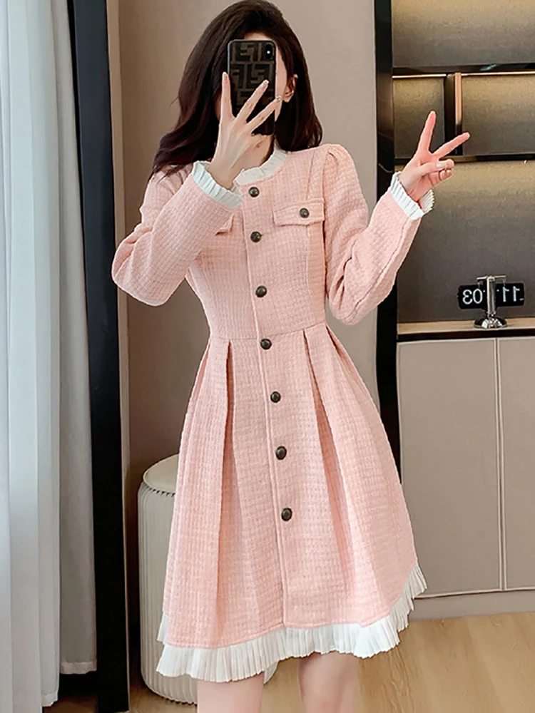 Women Pink Elegant Ruffled Casual A-Line Short Dress Autumn Winter Fashion Chic Kawaii Dress 2024 Korean Bodycon Party Vestidos