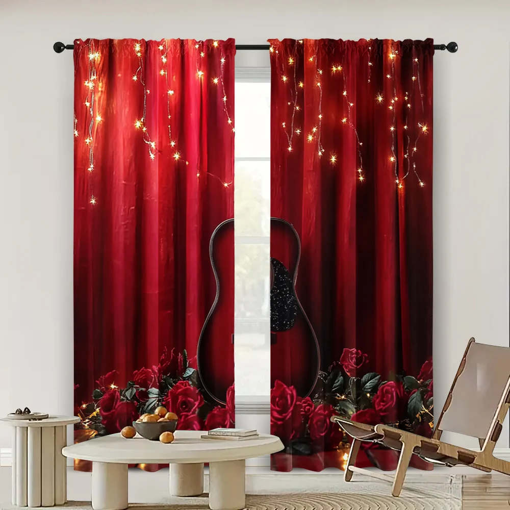 2pc,  Romantic Valentine's Day Curtains red roses1 Light Filter Holiday Decorations for Holiday Parties, Home Decor