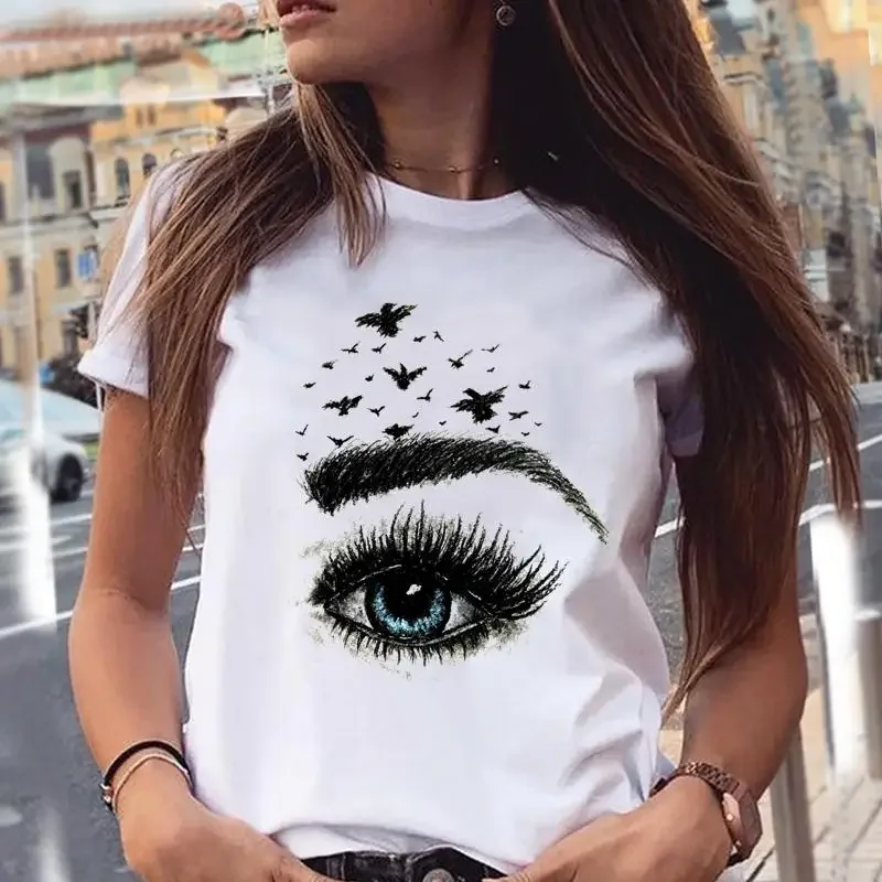 Women Watercolor New Cute Graphic Make Up Eyelash Cartoon Summer Female Clothes Fashion Print Tops Tees Tshirt T-Shirt