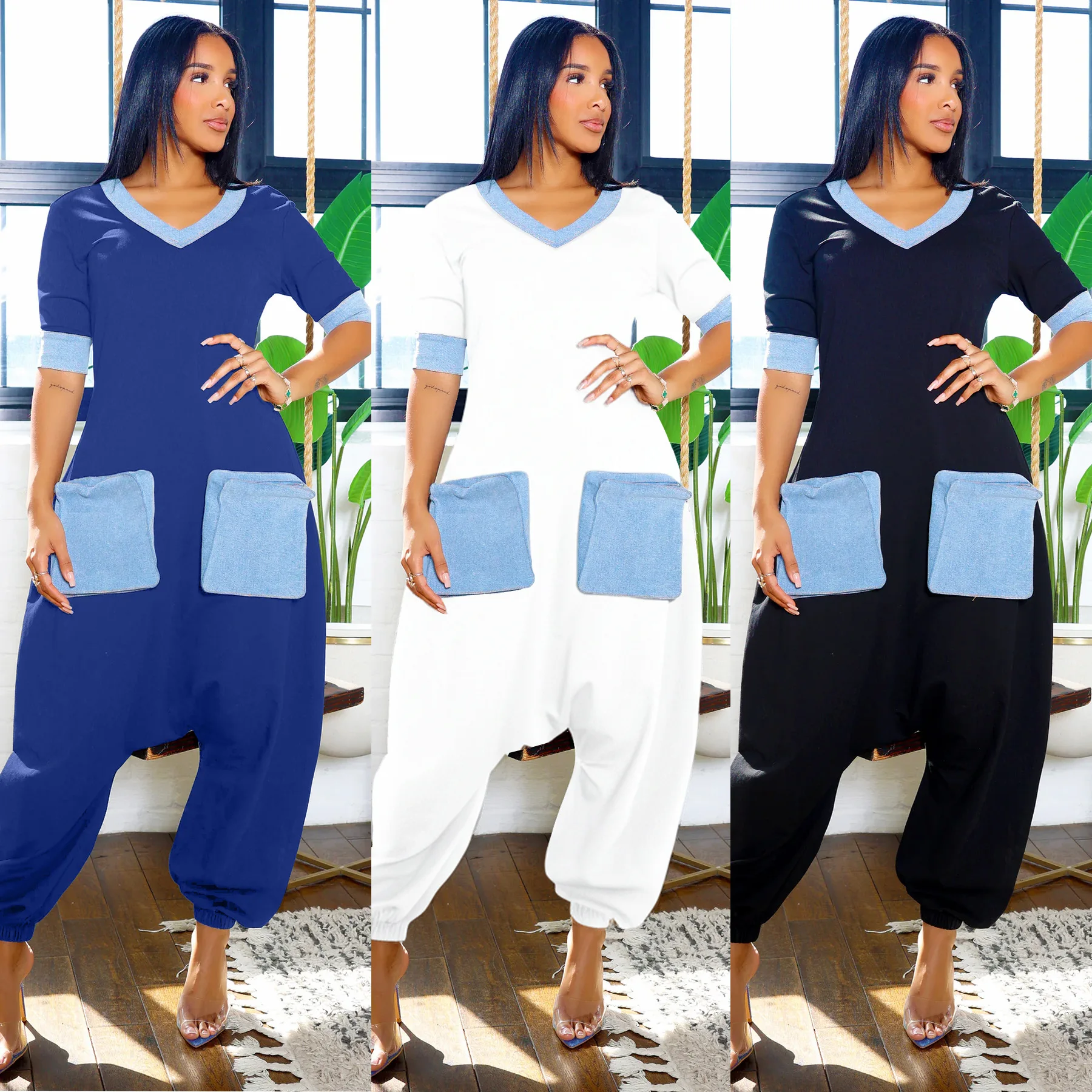 

Women Jumpsuits Overalls Rompers High Waist Casual Denim Spliced V Neck Pockets 2025 Summer Ankle Length Jumpsuit Loose