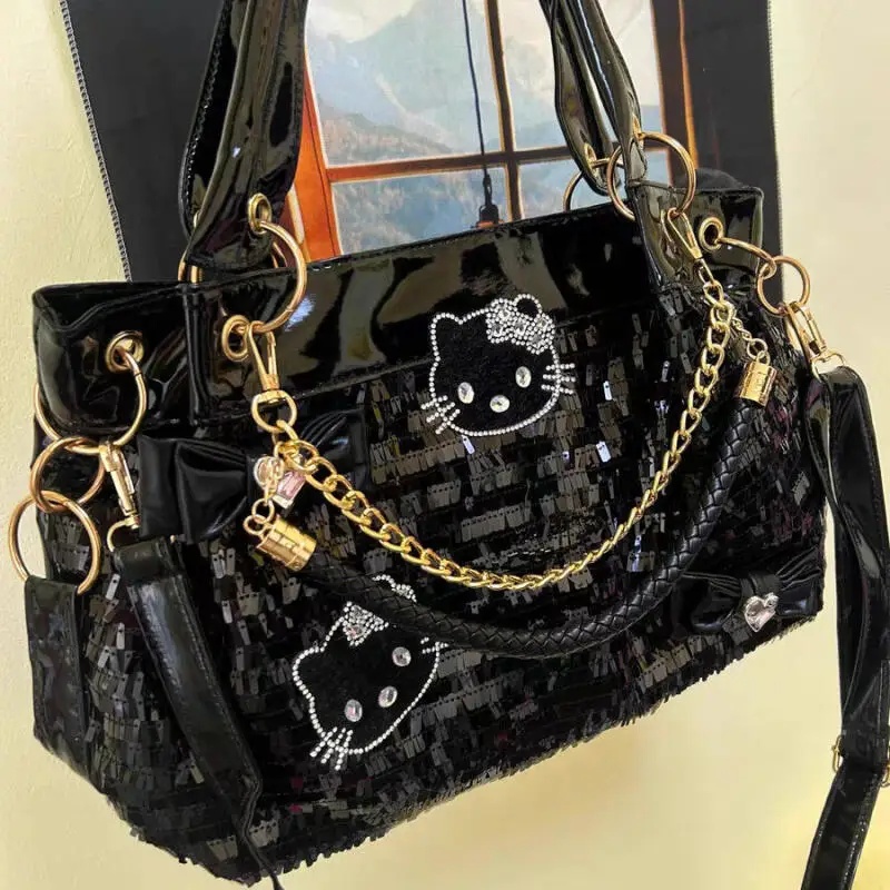 Borsa con paillettes Sanrio di grande capacità Borsa originale Y2K Hello Kitty con fiocco Borsa a tracolla con una spalla per sottocultura di nicchia Sweet Hot Girls